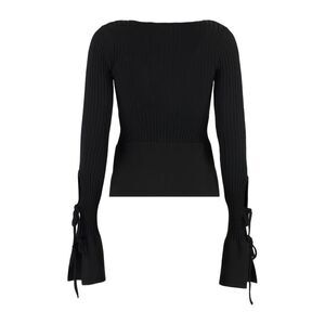 ANDREADAMO Ribbed Knit Long Sleeve Top with Tie Detail Cuffs Women BLACK